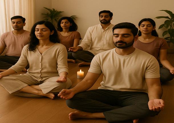 Guided group meditation session in Udaipur wellness center