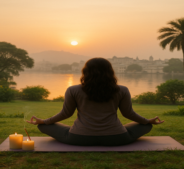Woman meditating near Lake Pichola during sunrise – meditation services in Udaipu